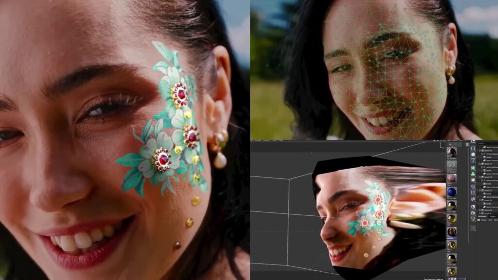 Demonstration of flower tracking on a woman's face using Lockdown 3 plug-in for After Effects